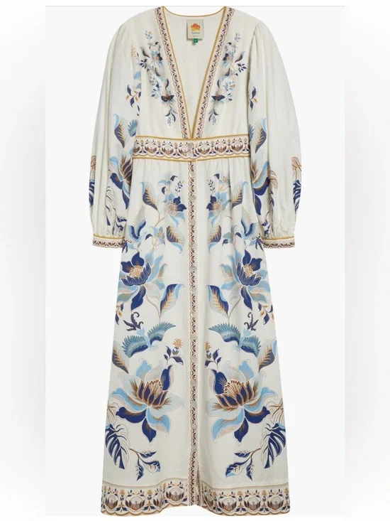 FARM Rio Mystic Blue Lotus Dreamscape Linen Blend L/S Maxi Dress NWT Size XL - Picture 4 of 11